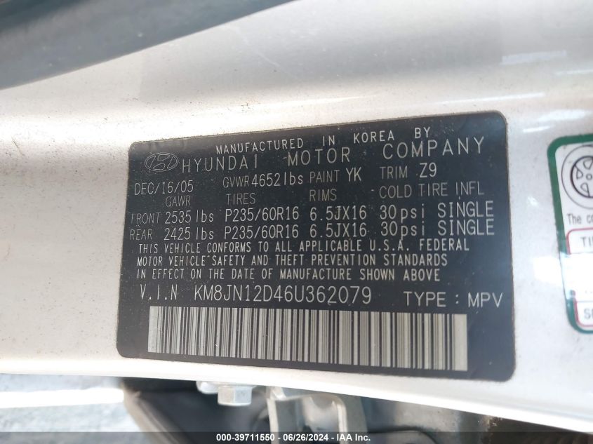 2006 Hyundai Tucson Gls/Limited VIN: KM8JN12D46U362079 Lot: 39711550