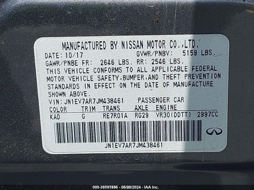 2018 Infiniti Q50 3.0T Luxe VIN: JN1EV7AR7JM438461 Lot: 39711555