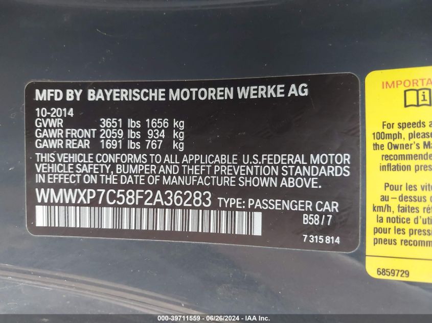 2015 Mini Hardtop Cooper S VIN: WMWXP7C58F2A36283 Lot: 39711559