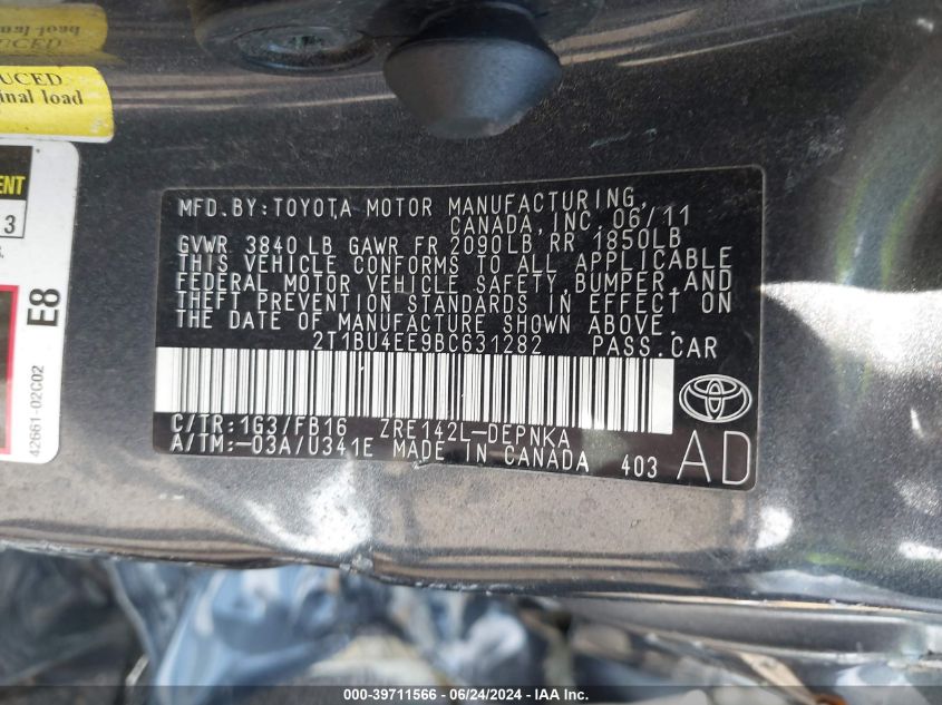 2011 Toyota Corolla Le VIN: 2T1BU4EE9BC631282 Lot: 39711566