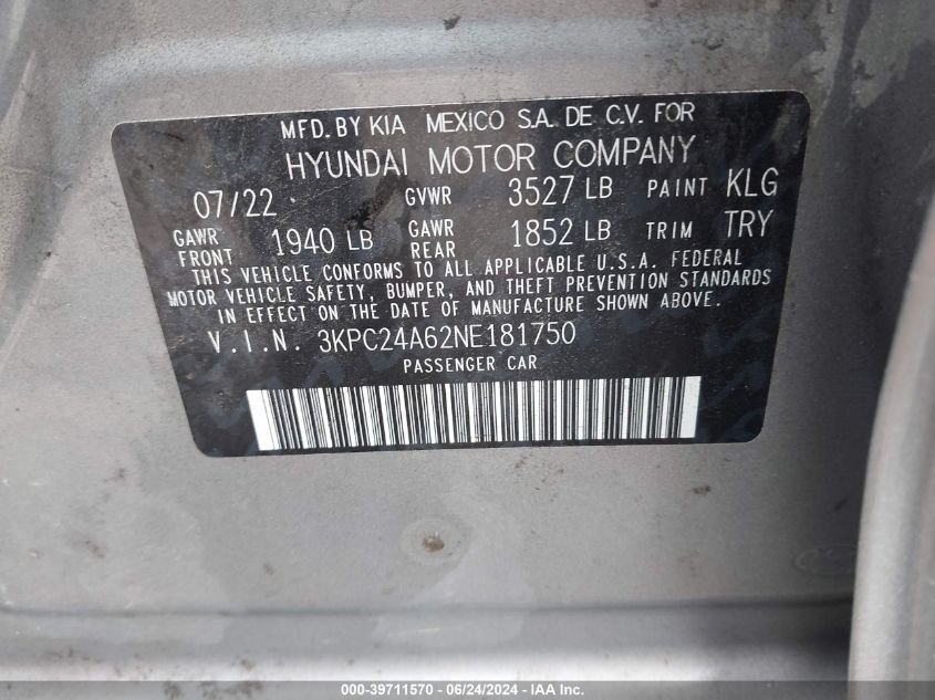 2022 Hyundai Accent Se VIN: 3KPC24A62NE181750 Lot: 39711570