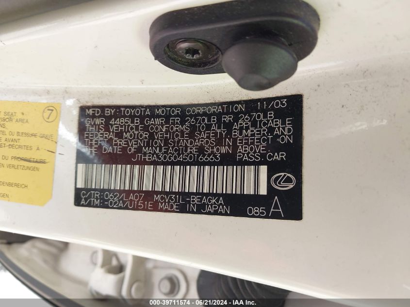 2004 Lexus Es 330 VIN: JTHBA30G045016663 Lot: 39711574