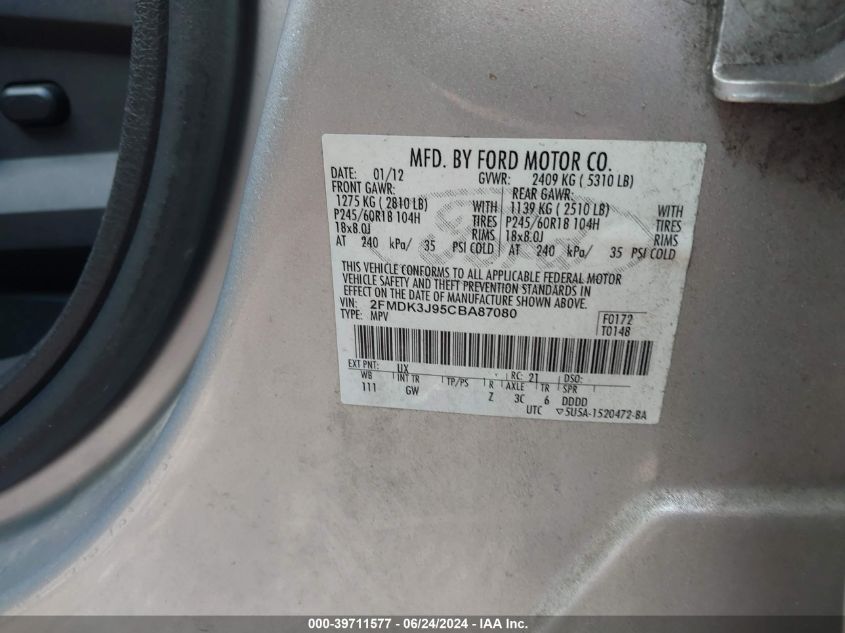 2012 Ford Edge Sel VIN: 2FMDK3J95CBA87080 Lot: 39711577