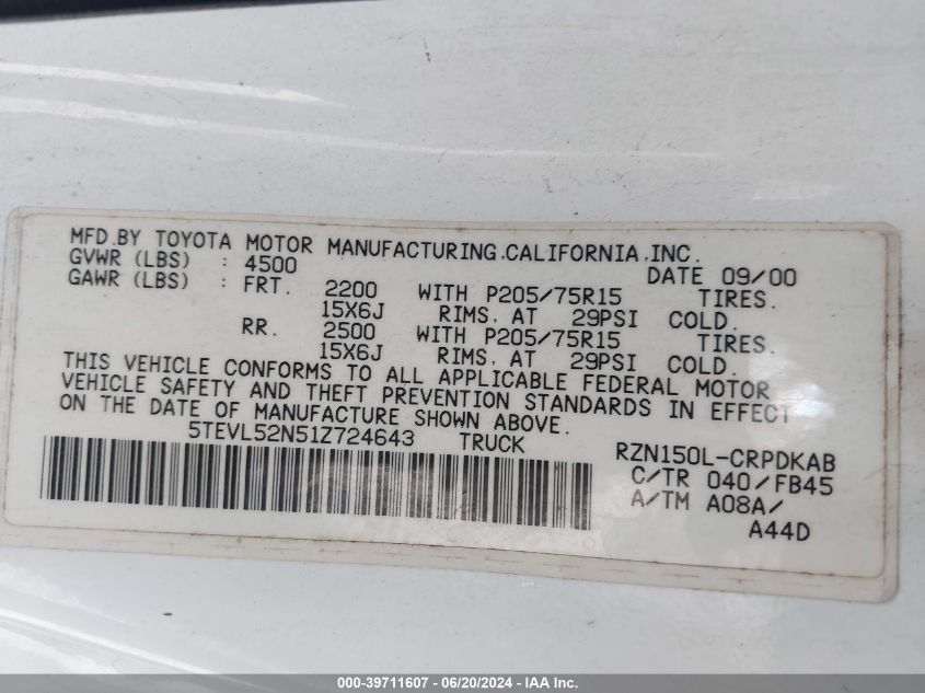 2001 Toyota Tacoma VIN: 5TEVL52N51Z724643 Lot: 39711607