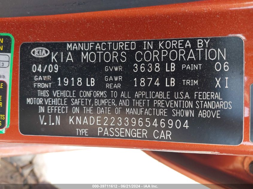 2009 Kia Rio Lx/Sx VIN: KNADE223396546904 Lot: 39711612