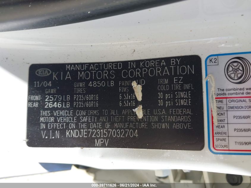 2005 Kia Sportage Ex V6/Lx V6 VIN: KNDJE723157032704 Lot: 39711626