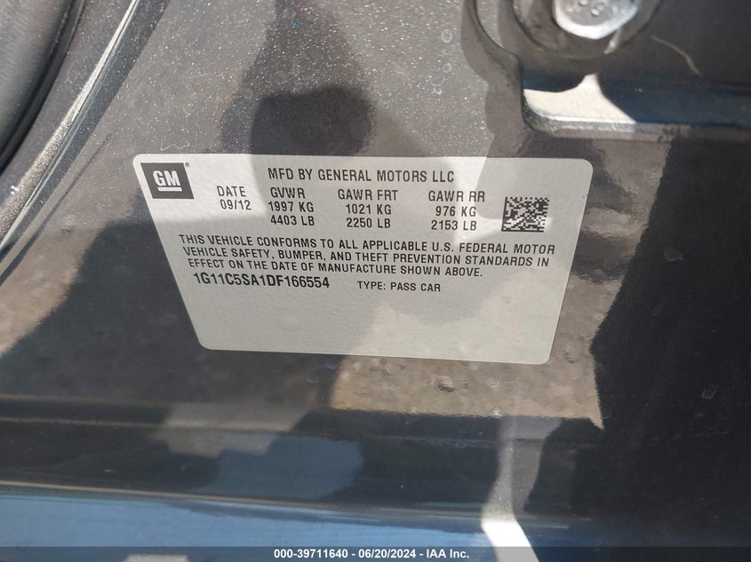 2013 Chevrolet Malibu 1Lt VIN: 1G11C5SA1DF166554 Lot: 39711640