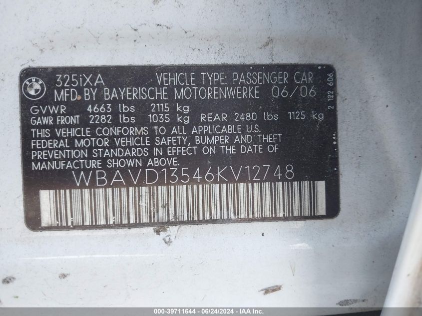 2006 BMW 325Xi VIN: WBAVD13546KV12748 Lot: 39711644