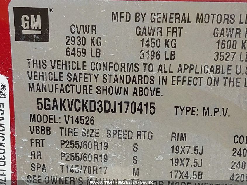 2013 Buick Enclave Leather VIN: 5GAKVCKD3DJ170415 Lot: 39711647