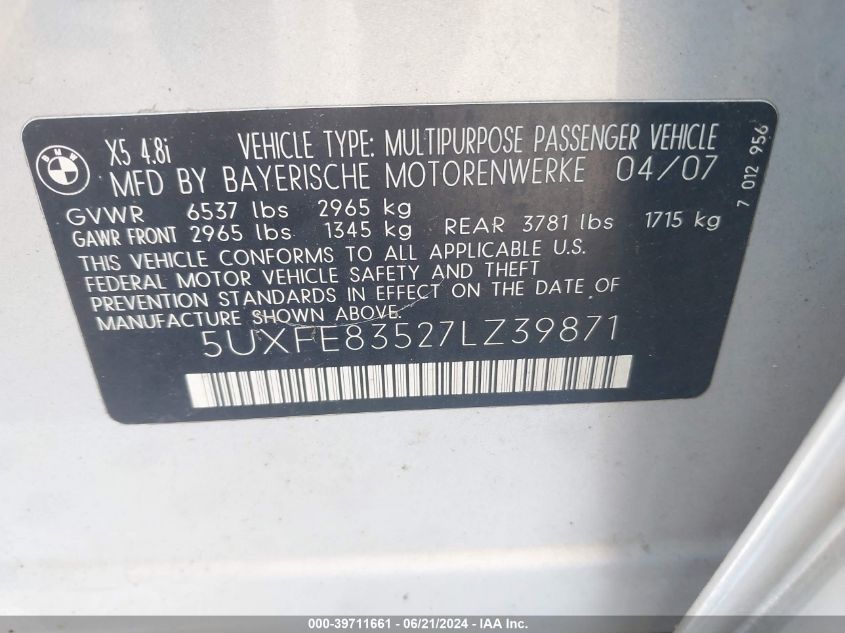 2007 BMW X5 4.8I VIN: 5UXFE83527LZ39871 Lot: 39711661