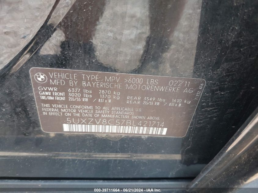 2011 BMW X5 xDrive50I VIN: 5UXZV8C57BL421714 Lot: 39711664