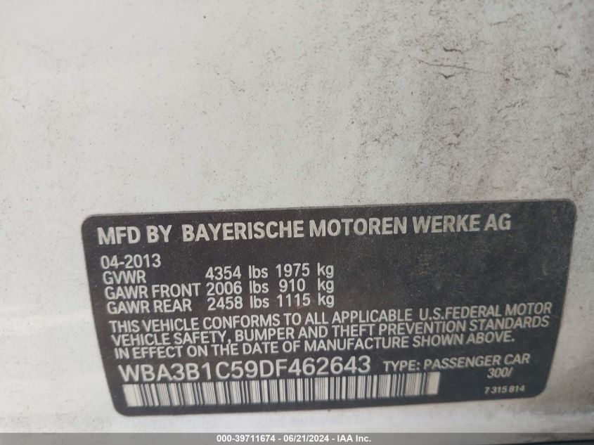2013 BMW 320 I VIN: WBA3B1C59DF462643 Lot: 39711674