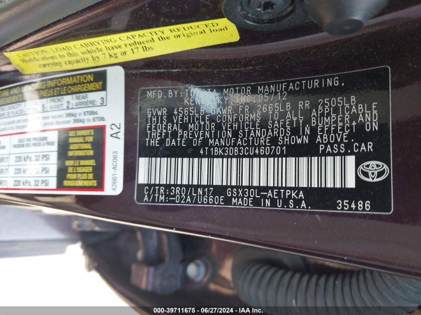 2012 Toyota Avalon Limited VIN: 04T1BK3DB3CU46070 Lot: 39711675