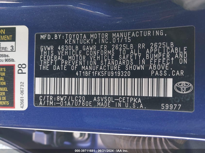 2015 Toyota Camry Le/Xle/Se/Xse VIN: 4T1BF1FK5FU919320 Lot: 39711681