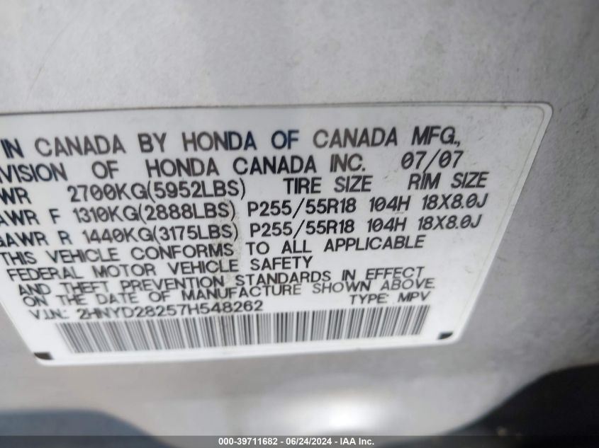 2007 Acura Mdx VIN: 2HNYD28257H548262 Lot: 39711682
