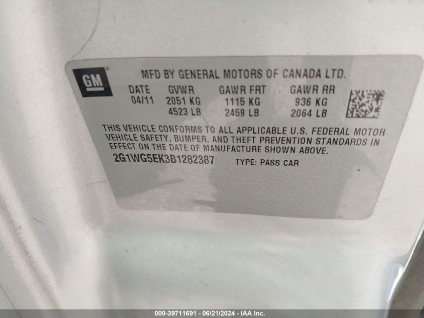 2011 Chevrolet Impala Lt VIN: 2G1WG5EK3B1282387 Lot: 39711691