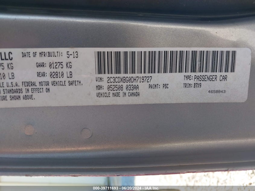 2013 Dodge Charger Se VIN: 2C3CDXBG0DH719727 Lot: 39711693