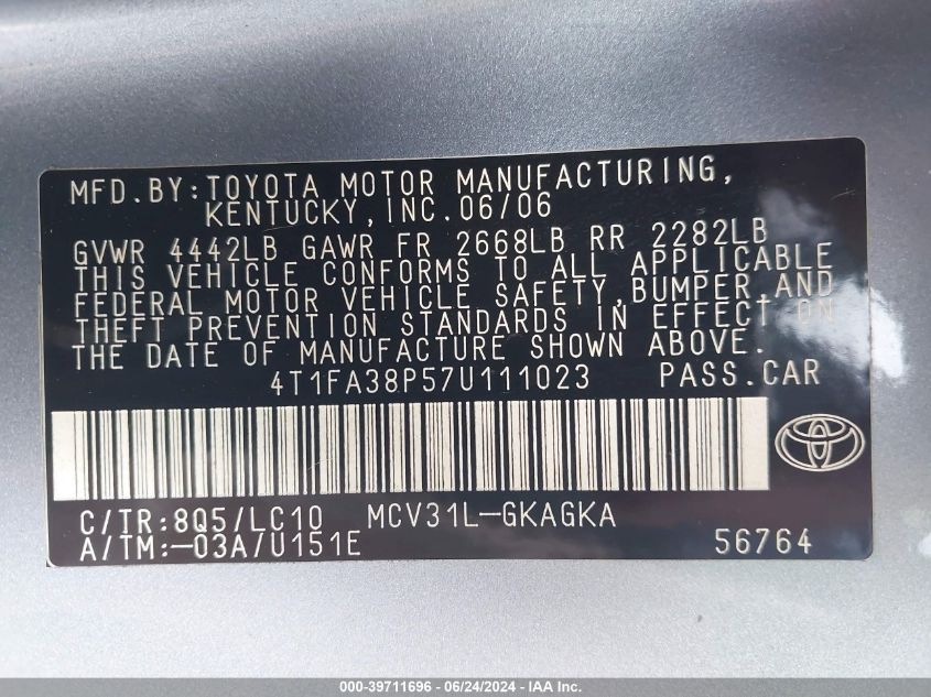 4T1FA38P57U111023 2007 Toyota Camry Solara Sle