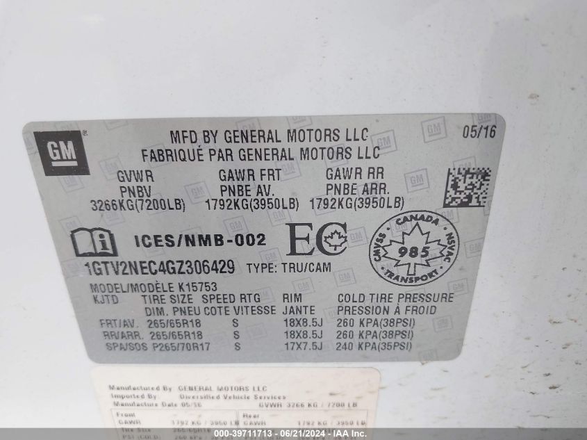 2016 GMC Sierra 1500 K1500 Slt VIN: 1GTV2NEC4GZ306429 Lot: 39711713