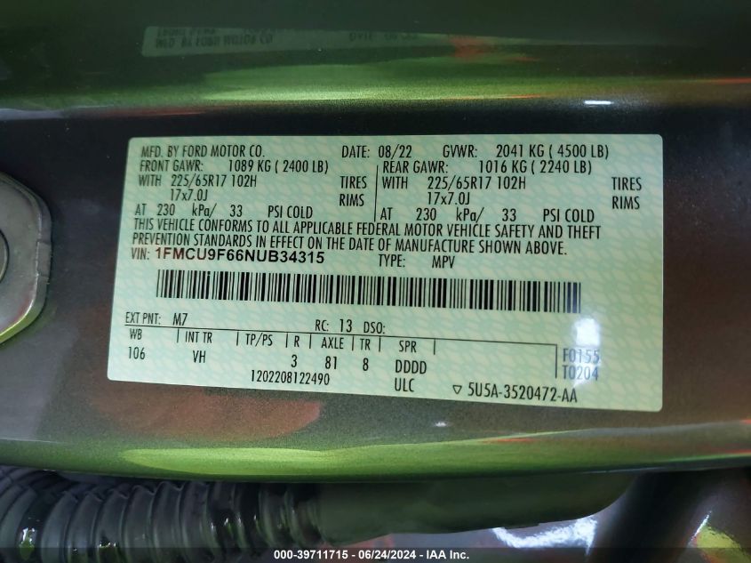 2022 Ford Escape S VIN: 1FMCU9F66NUB34315 Lot: 39711715