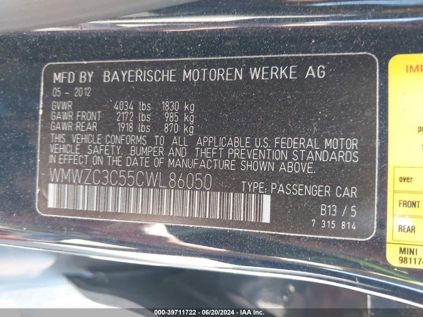 2012 Mini Cooper S Countryman VIN: WMWZC3C55CWL86050 Lot: 39711722