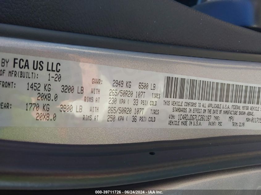 2020 Dodge Durango Gt Plus Awd VIN: 1C4RDJDG7LC261167 Lot: 39711726