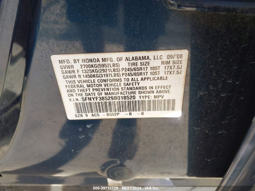 2009 Honda Pilot Ex-L VIN: 5FNYF38529B018520 Lot: 39711729