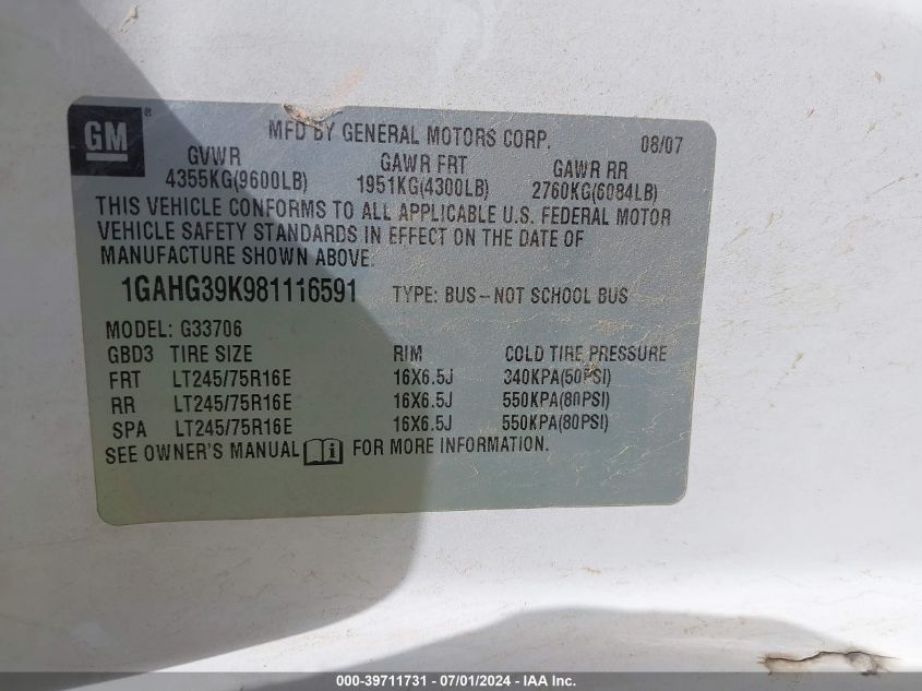 2008 Chevrolet Express Ls VIN: 1GAHG39K981116591 Lot: 39711731