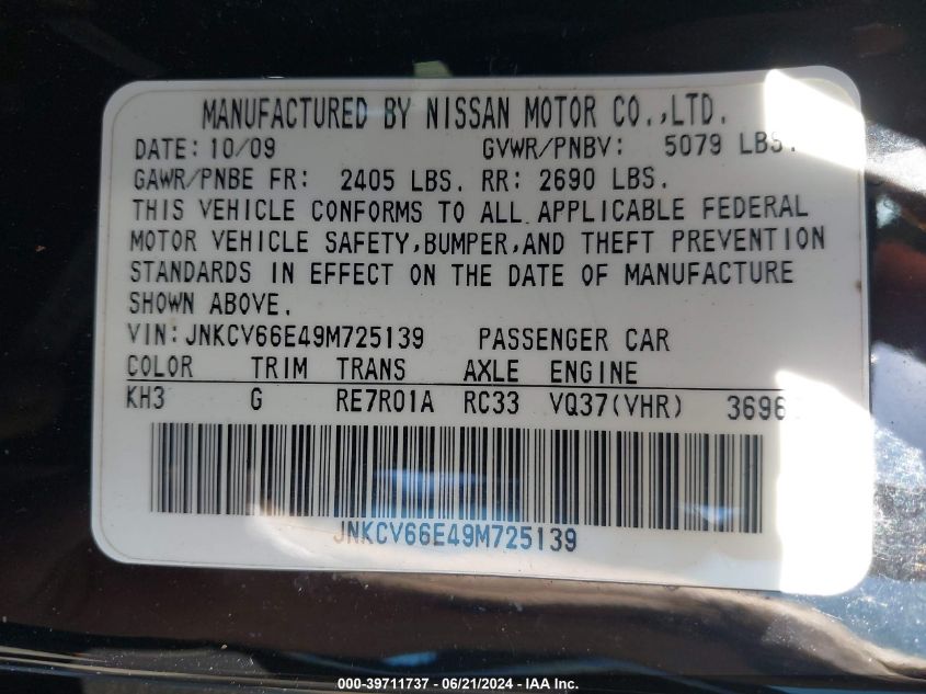 2009 Infiniti G37 VIN: JNKCV66E49M725139 Lot: 39711737