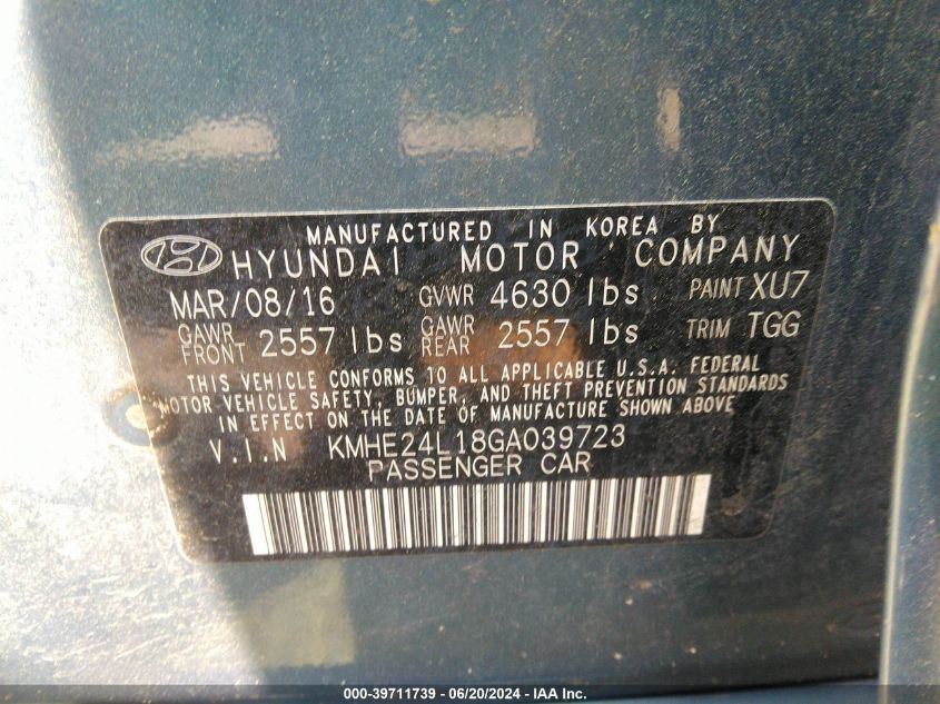 2016 Hyundai Sonata Hybrid Se VIN: KMHE24L18GA039723 Lot: 39711739