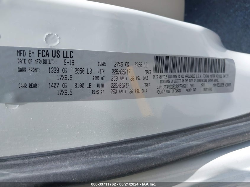 2019 DODGE GRAND CARAVAN SE - 2C4RDGBG3KR780681