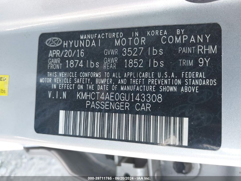 2016 Hyundai Accent Se VIN: KMHCT4AE0GU143308 Lot: 39711765