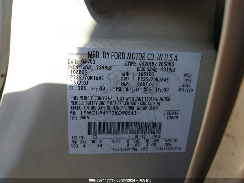 2003 Ford Escape Limited VIN: 1FMCU94113KD98543 Lot: 39711771