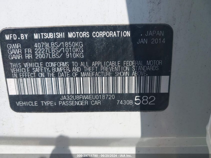 2014 Mitsubishi Lancer Gt VIN: JA32U8FW4EU018720 Lot: 39711780