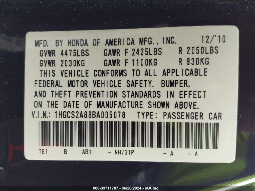 2011 Honda Accord Exl VIN: 1HGCS2A88BA005078 Lot: 39711787