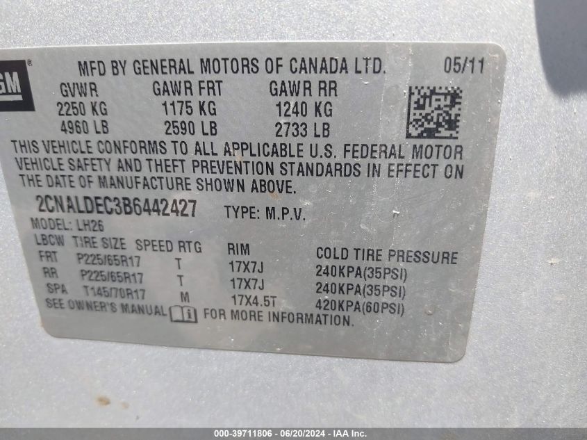 2011 Chevrolet Equinox 1Lt VIN: 2CNALDEC3B6442427 Lot: 39711806