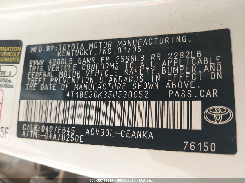2005 Toyota Camry Le/Xle/Se VIN: 4T1BE30K35U530052 Lot: 39711814