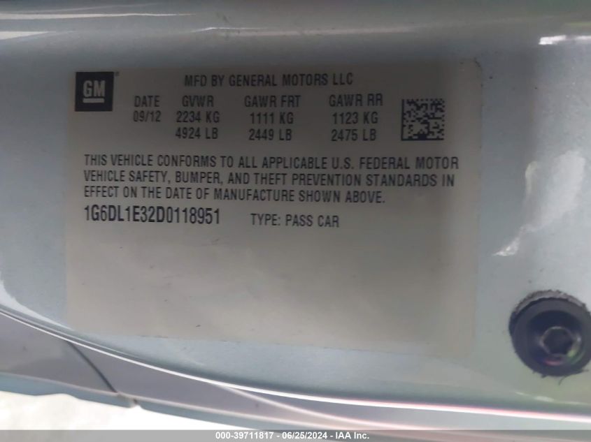 2013 Cadillac Cts Performance VIN: 1G6DL1E32D0118951 Lot: 39711817