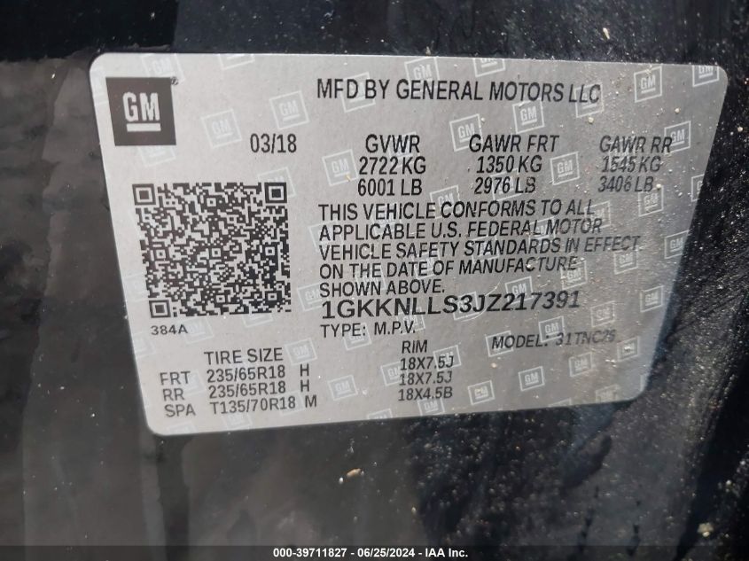 2018 GMC Acadia Sle-2 VIN: 1GKKNLLS3JZ217391 Lot: 39711827