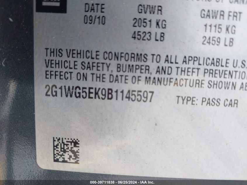 2011 Chevrolet Impala Lt VIN: 2G1WG5EK9B1145597 Lot: 39711838