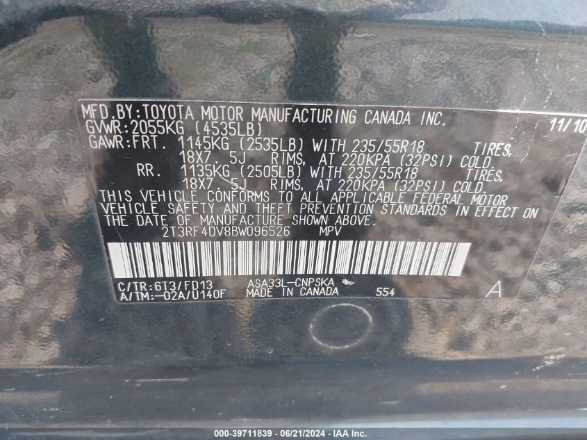 2011 Toyota Rav4 Sport VIN: 2T3RF4DV8BW096526 Lot: 39711839