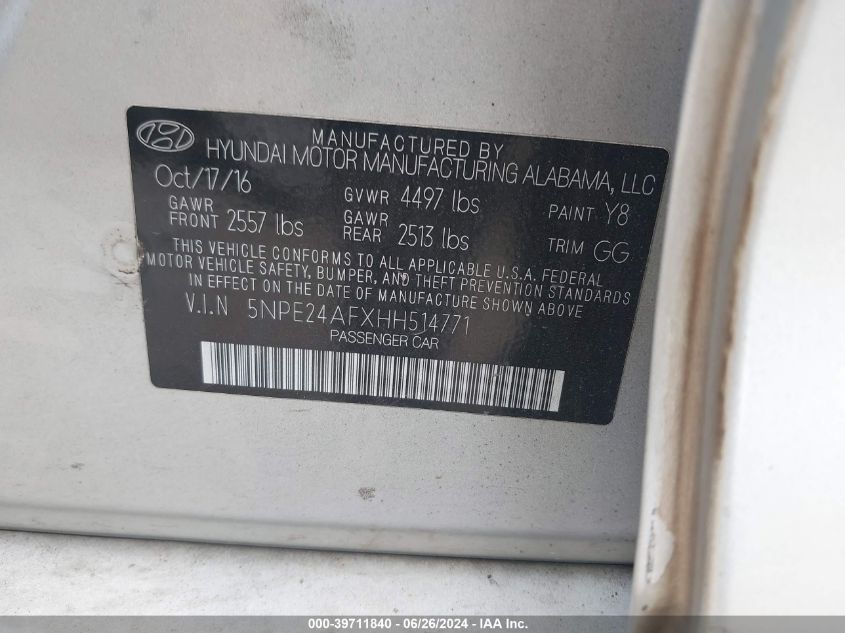 2017 Hyundai Sonata VIN: 5NPE24AFXHH514771 Lot: 39711840