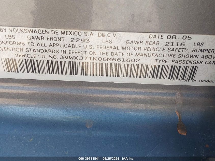 2006 Volkswagen Jetta Gli VIN: 3VWXJ71K06M661602 Lot: 39711841