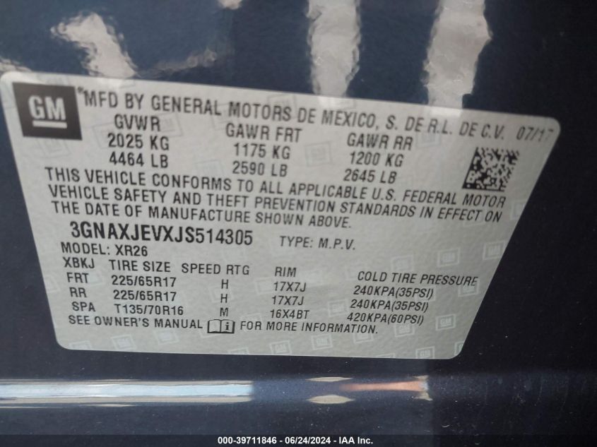 2018 Chevrolet Equinox Lt VIN: 3GNAXJEVXJS514305 Lot: 39711846