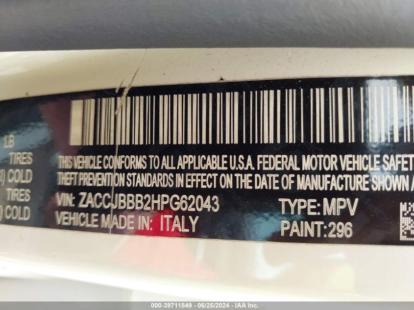 2017 Jeep Renegade Latitude 4X4 VIN: ZACCJBBB2HPG62043 Lot: 39711849