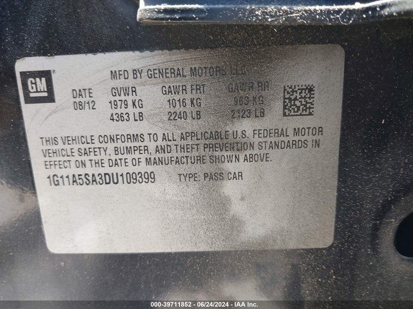 2013 Chevrolet Malibu 1Fl VIN: 1G11A5SA3DU109399 Lot: 39711852