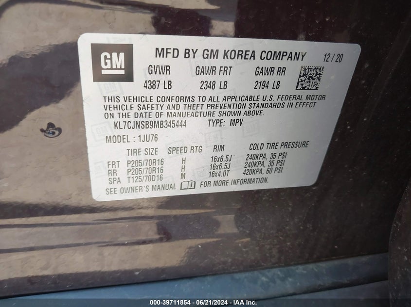 2021 CHEVROLET TRAX AWD LS - KL7CJNSB9MB345444