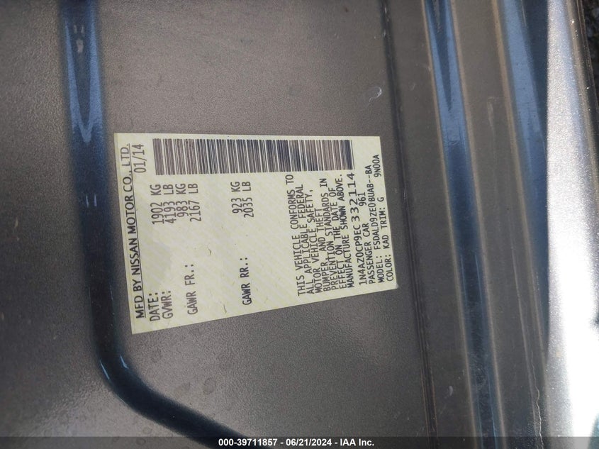 2014 Nissan Leaf Sv VIN: 1N4AZ0CP9EC332114 Lot: 39711857