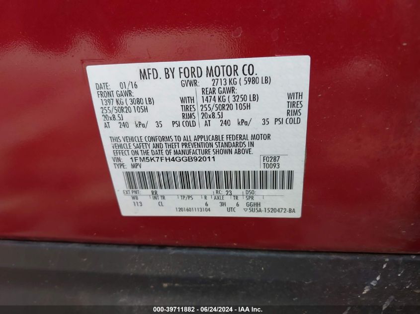 2016 Ford Explorer Limited VIN: 1FM5K7FH4GGB92011 Lot: 39711882