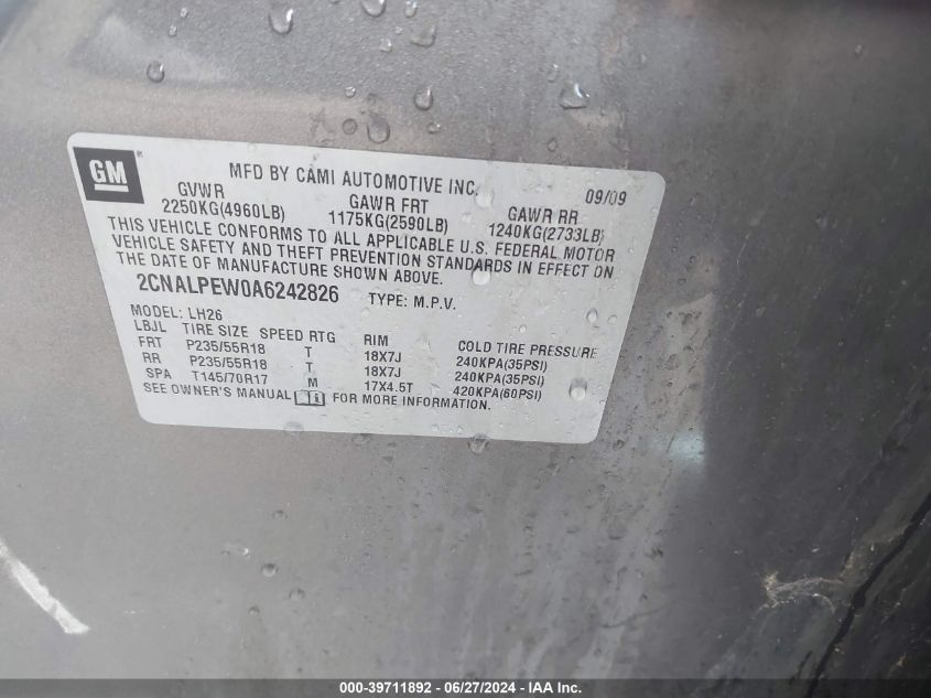 2010 Chevrolet Equinox Lt VIN: 2CNALPEW0A6242826 Lot: 39711892